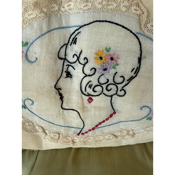 Antique 20's Embroidered Accent Pillow Profile Woman Flowers Lace Edge - Picture 2 of 11